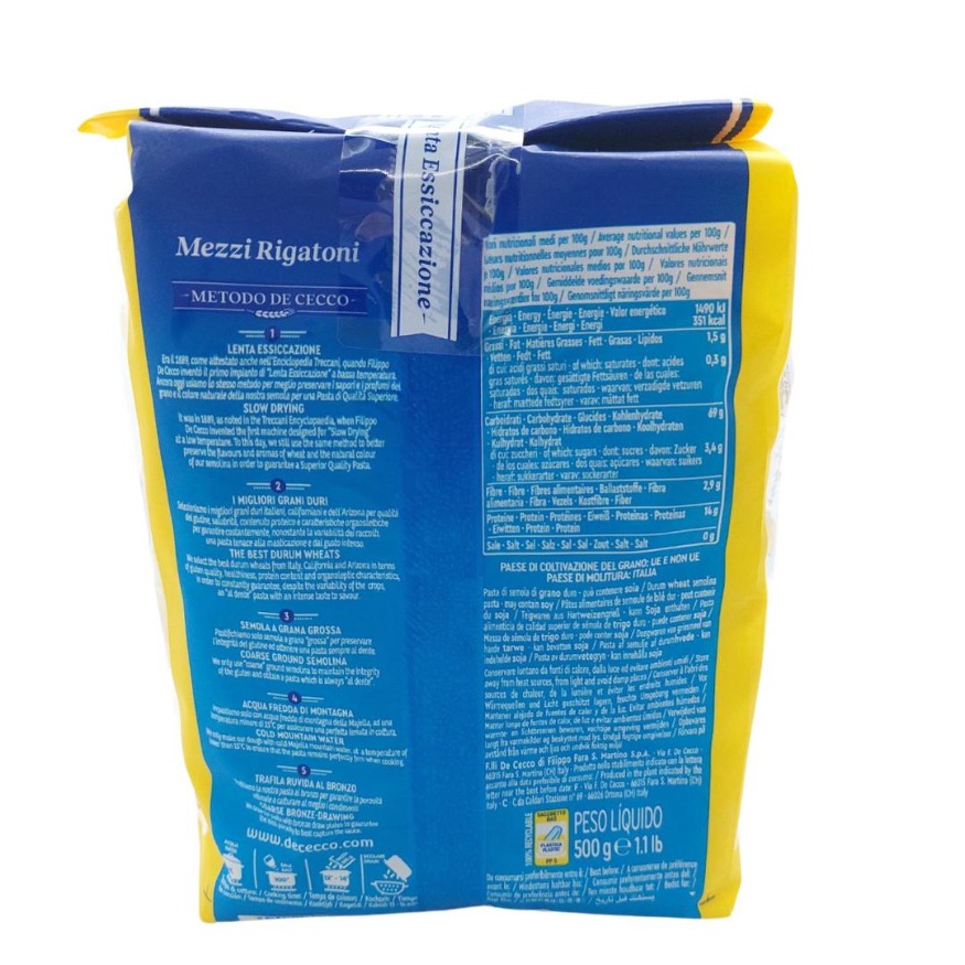PASTA DE CECCO MEZZI RIGATONI NRO 26